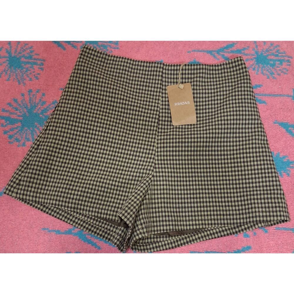 Rihoas womens small brown gingham plaid hi waist shorts cotton